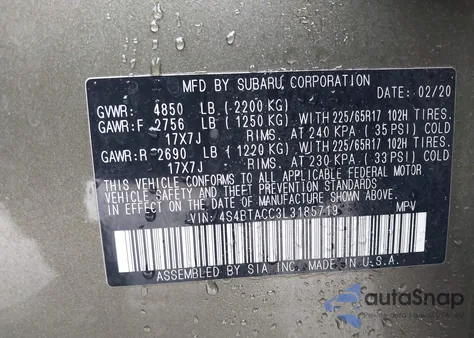 2020 Subaru Outback Premium из США, поврежденный, VIN 4S4BTACC3L3185719